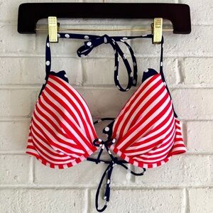 Victoria's Secret Red and White Striped Bikini Top with Navy Accents